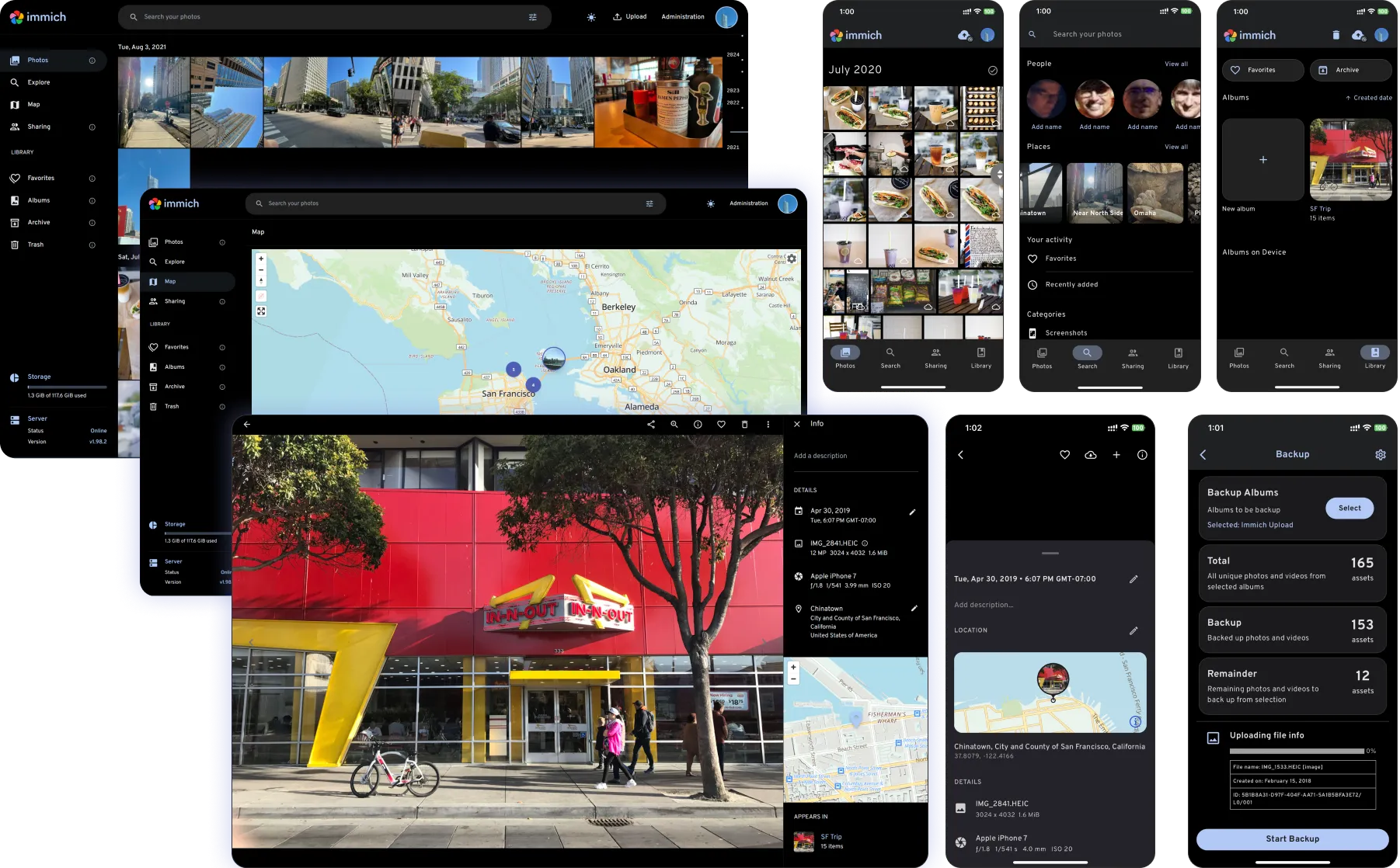 Galería, álbumes y datos de las fotografías en las aplicaciones de Immich