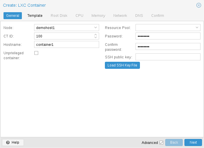 Asistente oficial de creación de un contenedor LXC en Proxmox, con hostname y pestañas de plantilla, disco, CPU, memoria y red