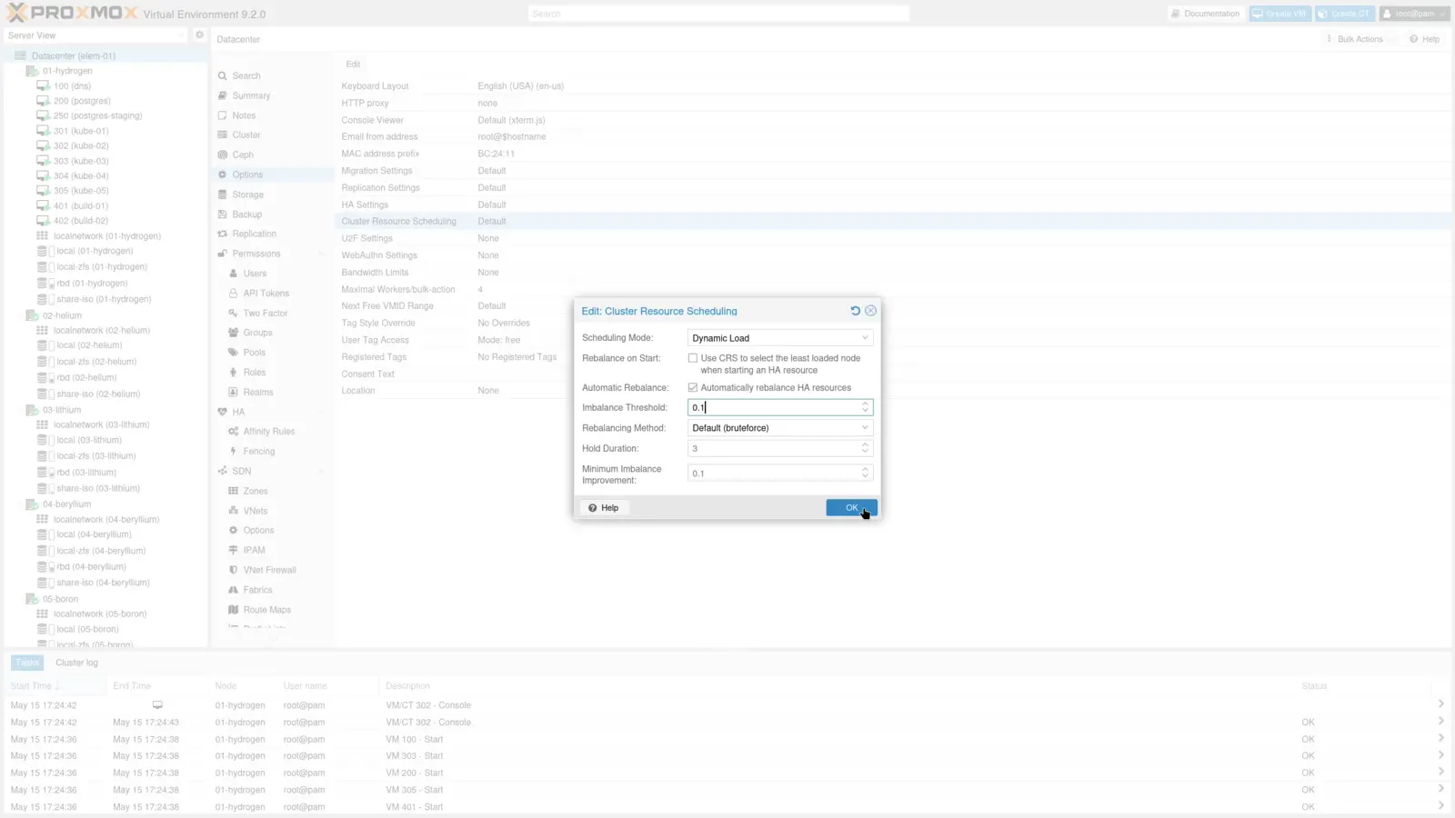 Interfaz oficial de Proxmox VE 9.2 con el panel Dynamic Load Balancer