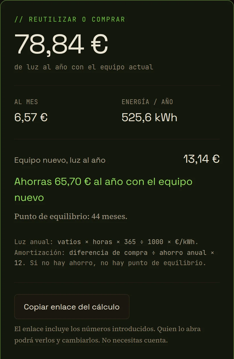 Calculadora de Homelabista con el ejemplo de 60 y 10 W: 65,70 euros de ahorro anual y unos 44 meses para recuperar 240 euros